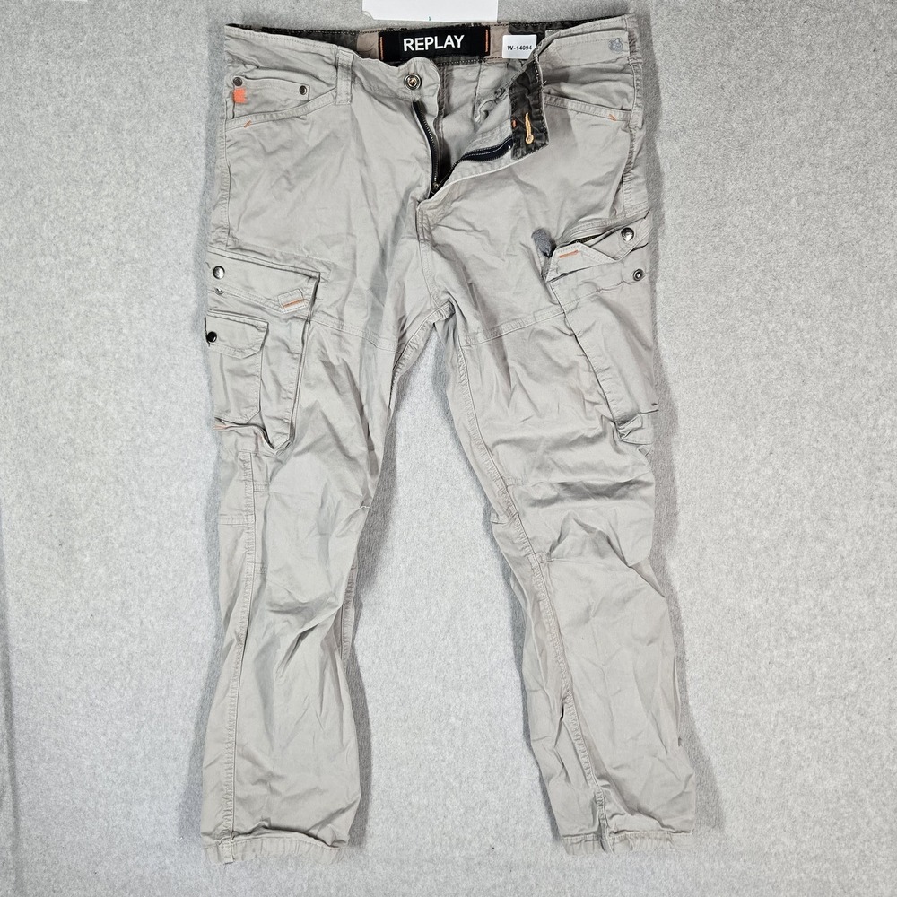 Replay Men Pants W36 Beige Cargo Twill 27" Inseam Logo Outdoor Pockets